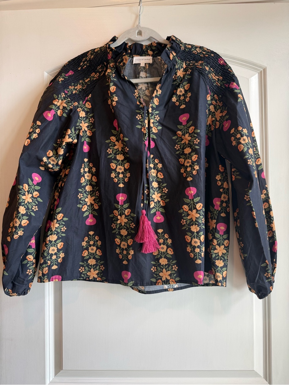entro Black Floral Smocked-Shoulder Tassel Blouse